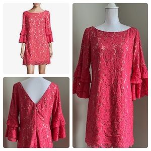 ELIZA J Coral Lace Overlay Bell Sleeve Dress
